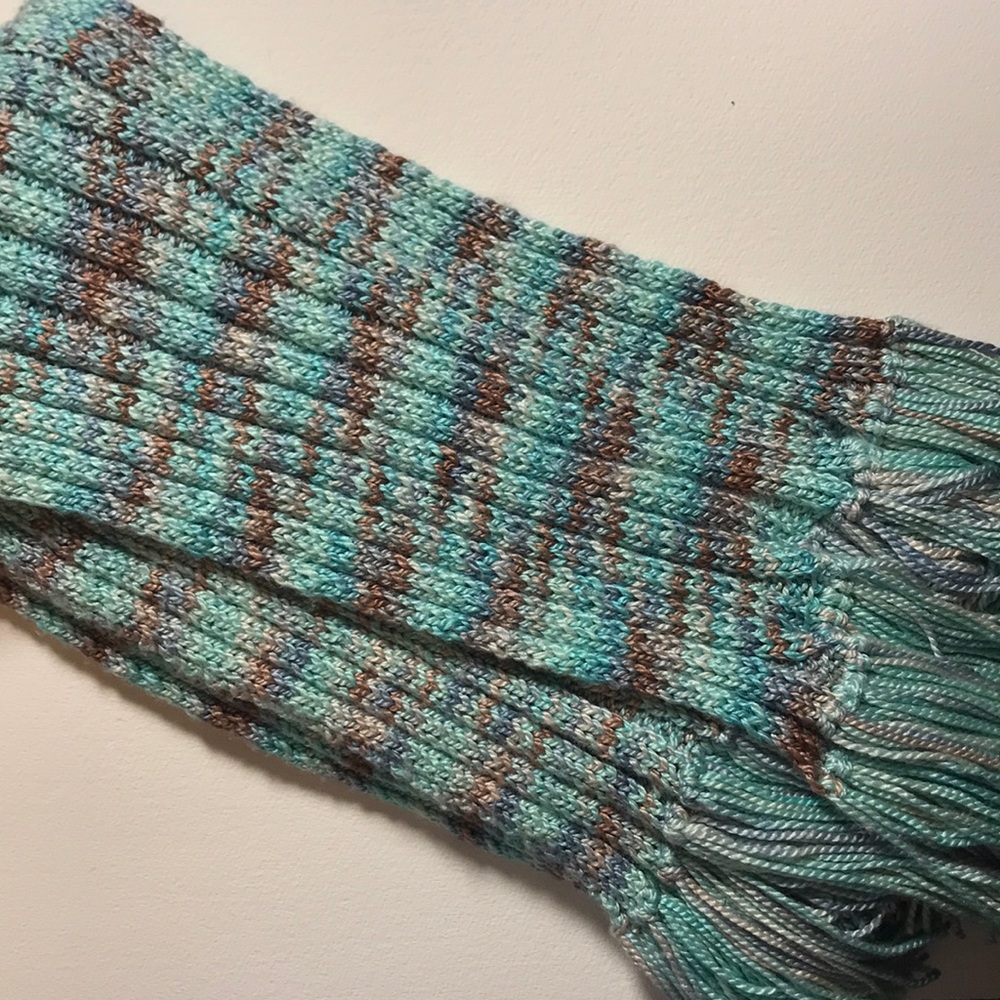 hand-knit teal multi color scarf